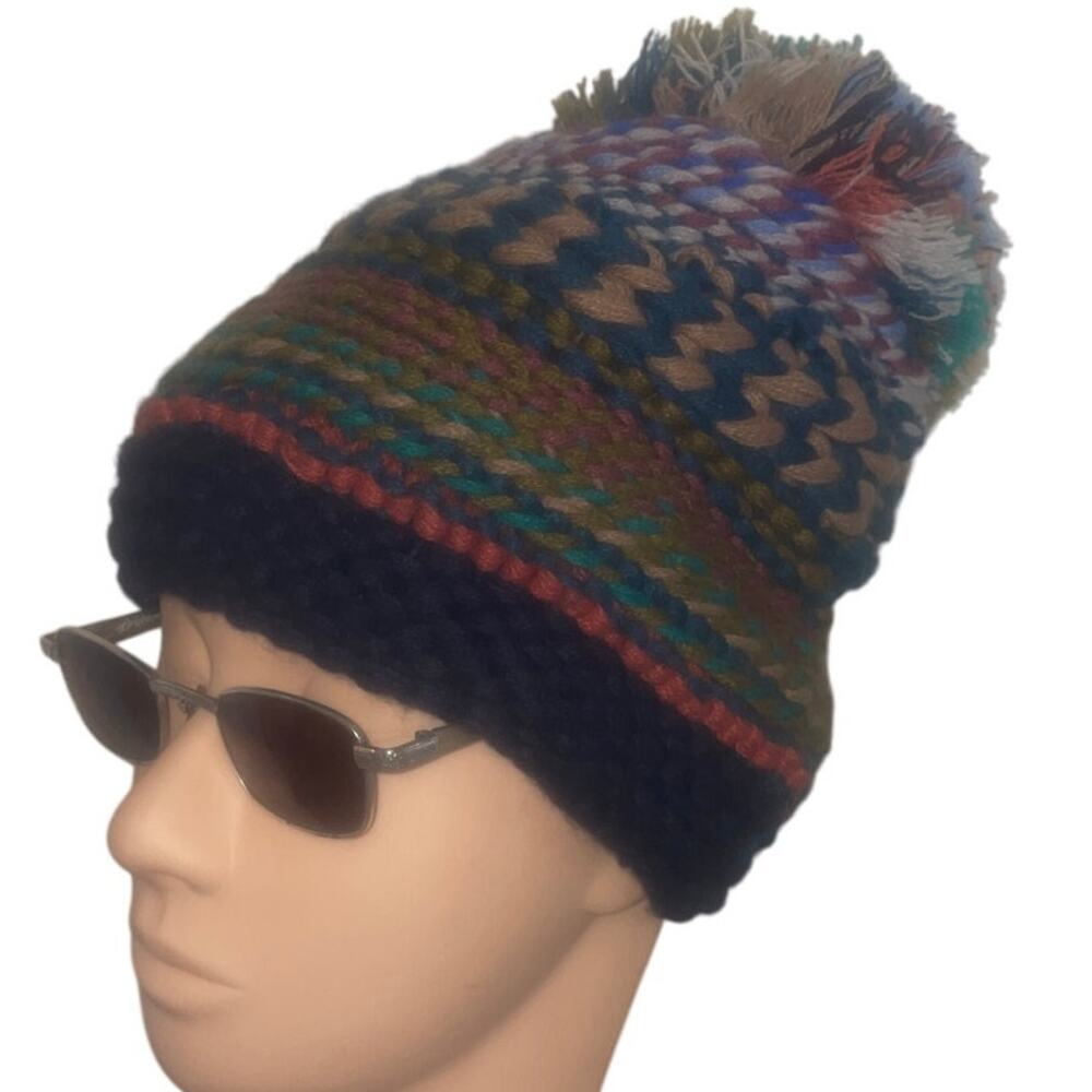 BCBG MAXAZRIA Multicolor Chunky Knit Pom Pom Beanie Hat Winter COZY SNOW BUNNY